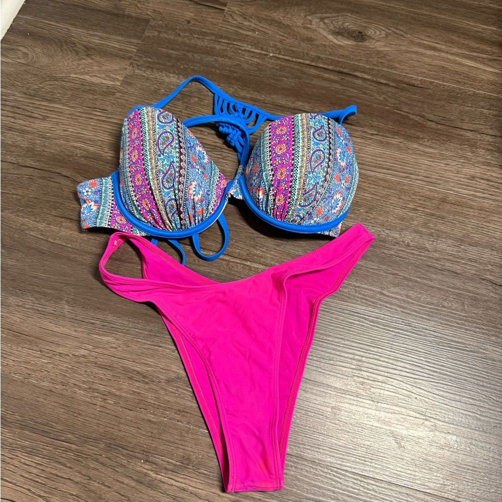 Colorful Bikini Set with Pink Bottom